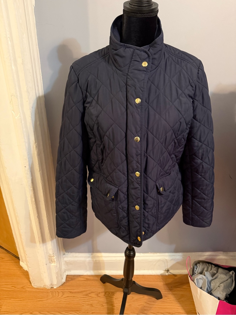J. Crew Navy Quilted light Puffer Jacket with Gold-Tone Snaps